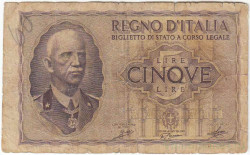 Банкнота. Италия. 5 лир 1940 год. Тип 28(1).