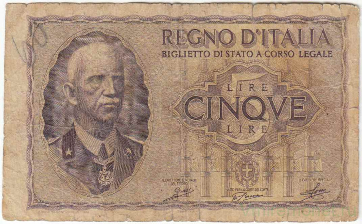 Банкнота. Италия. 5 лир 1940 год. Тип 28(1).