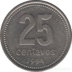 Монета. Аргентина. 25 сентаво 1994 год. Тонкий шрифт.