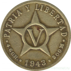 Монета. Куба. 5 сентаво 1943 год.