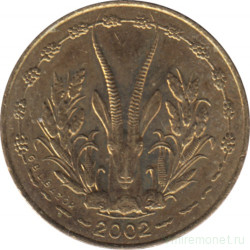 Монета. Западноафриканский экономический и валютный союз (ВСЕАО). 5 франков 2002 год.