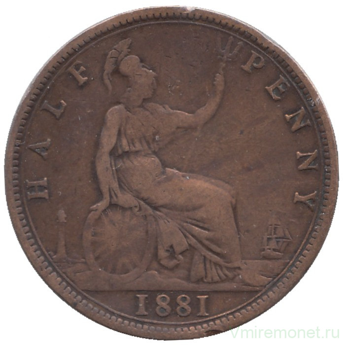 Монета. Великобритания. 1/2 пенни 1881 год. Монета. Великобритания. 1/2 пенни 1881 год.