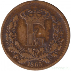 Монета. Дания. 1 скиллинг-ригсмёнт 1863 год.