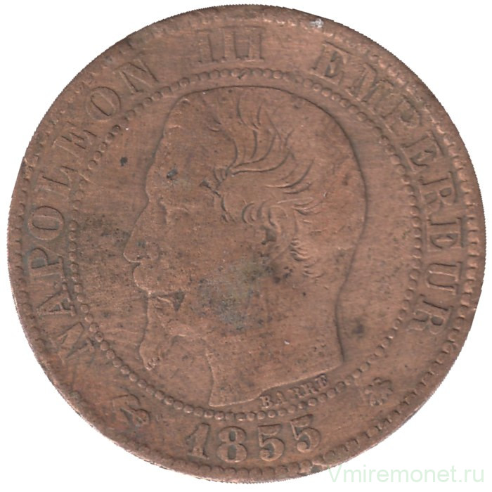 Монета. Франция. 5 сантимов 1855 год. BB, "якорь".