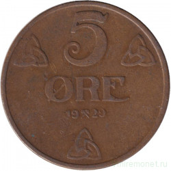 Монета. Норвегия. 5 эре 1929 год.