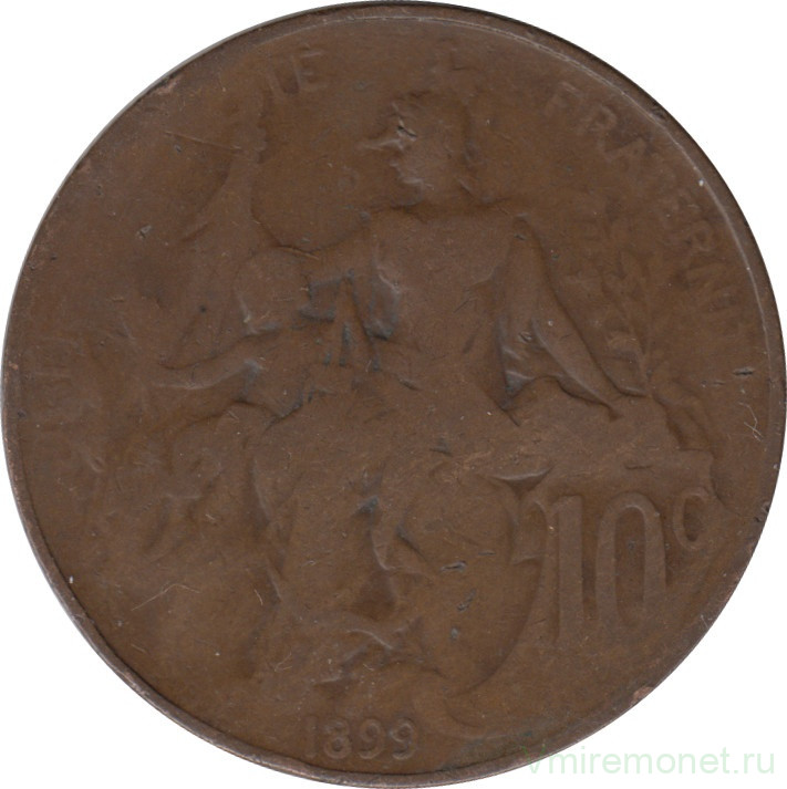 Монета. Франция. 10 сантимов 1899 год. ав. Монета. Франция. 10 сантимов 1899 год.