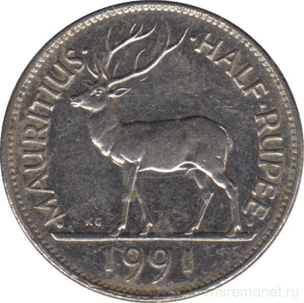 Монета. Маврикий. 1/2 рупии 1991 год.