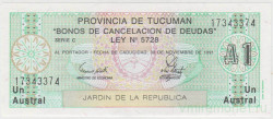 Банкнота. Аргентина. Провинция Тукуман. 1 аустраль 1991 год. Тип 2.