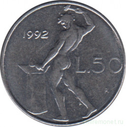 Монета. Италия. 50 лир 1992 год.