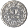 Монета. Швейцария. 1/2 франка 1950 год.