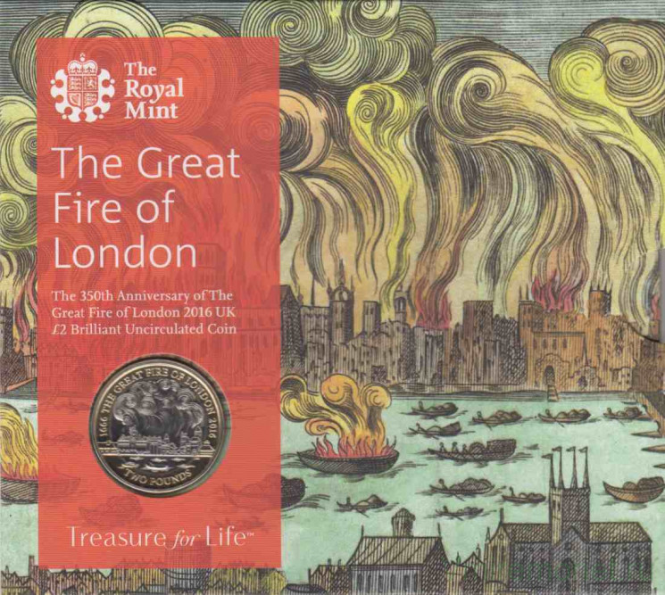 Монета. Великобритания. 2 фунта 2016 год. 350 лет Великому Лондонскому пожару. В буклете.