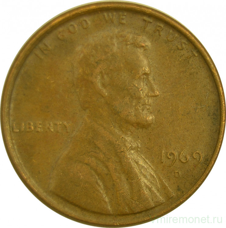 Монета. США. 1 цент 1969 год. Монетный двор D.