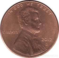 Монета. США. 1 цент 2012 год. Монетный двор D.
