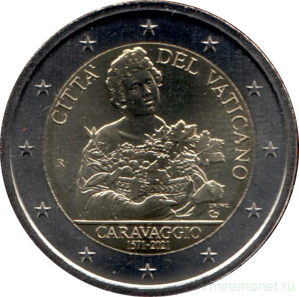 Монета. Ватикан. 2 евро 2021 год. 450 лет со дня рождения Караваджо. Буклет, коинкарта.