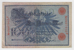 Банкнота. Германия. Германская империя (1871-1918). 100 марок 1908 год. Старый тип. Номер серии (семь цифр и одна буква) - красный цвет.