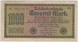 Банкнота. Германия. Веймарская республика. 1000 марок 1922 год. Водяной знак - четырёхлистник. Серийный номер - две буквы, шесть цифр (фиолетовые, крупные), звёздочка, две буквы. Тип 76k.