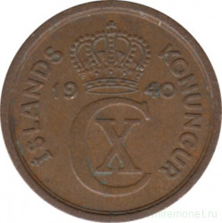 Монета. Исландия. 1 аурар 1940 год.