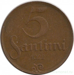 Монета. Латвия. 5 сантимов 1922 год.
