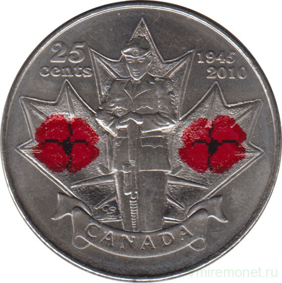 Монета. Канада. 25 центов 2010 год. 65 лет победе во Второй Мировой войне. Красная эмаль.