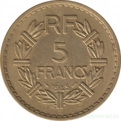 Монета. Франция. 5 франков 1945 год. Монетный двор - Париж. Алюминиевая бронза.