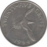 Монета. Бермудские острова. 25 центов 1994 год. ав.