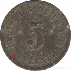 Монета. Германия (Германская империя 1871-1922). 5 пфеннигов 1911 год. (F).
