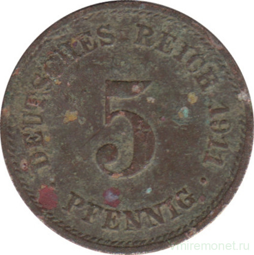 Монета. Германия (Германская империя 1871-1922). 5 пфеннигов 1911 год. (F).