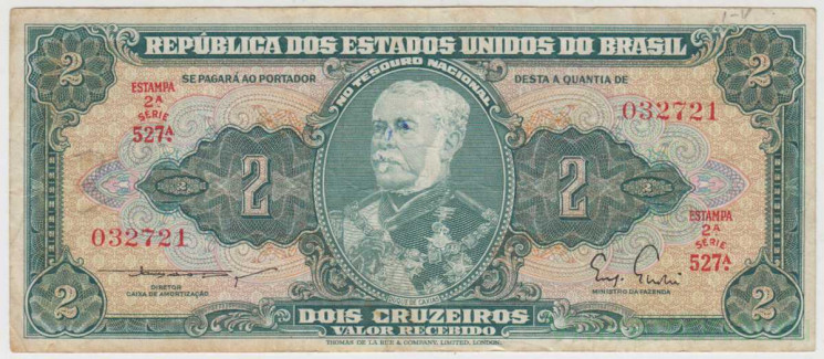 Банкнота. Бразилия. 2 крузейро 1956 год. Тип 3a.