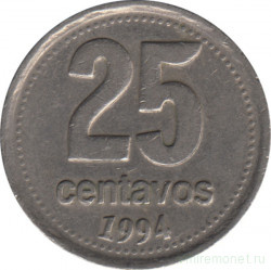 Монета. Аргентина. 25 сентаво 1994 год. Разновидность 2 (аверс-крупный шрифт цифры).