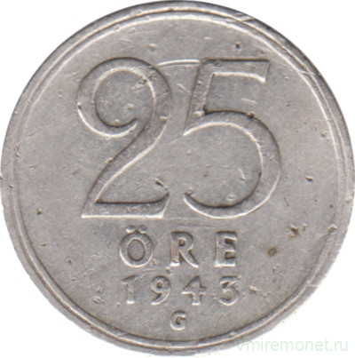 Монета. Швеция. 25 эре 1943 год.