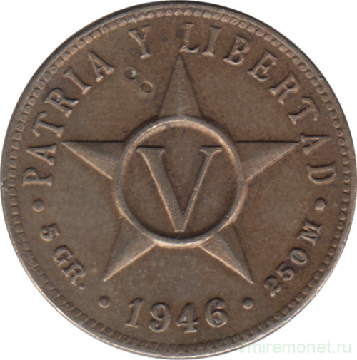 Монета. Куба. 5 сентаво 1946 год.