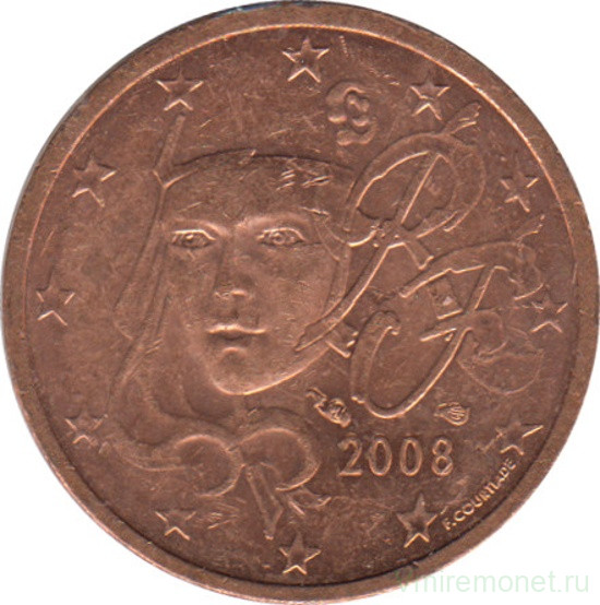 Монета. Франция. 2 цента 2008 год.