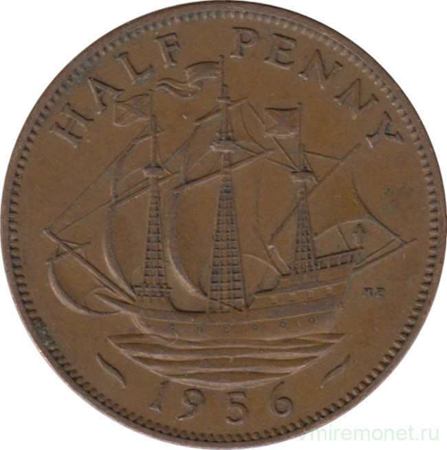 Монета. Великобритания. 1/2 пенни 1956 год.