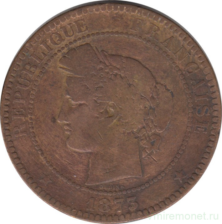 Монета. Франция. 10 сантимов 1873 год. А.