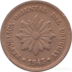 Монета. Уругвай. 2 сентесимо 1943 год.