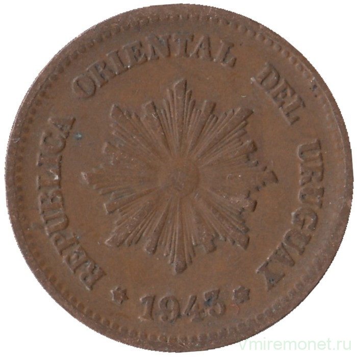 Монета. Уругвай. 2 сентесимо 1943 год.