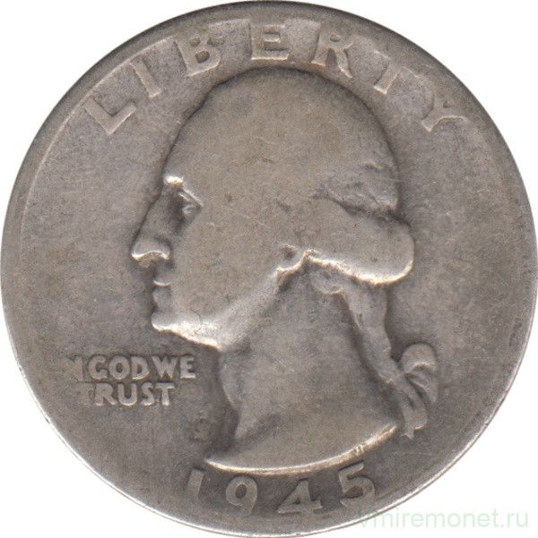 Монета. США. 25 центов 1945 год.