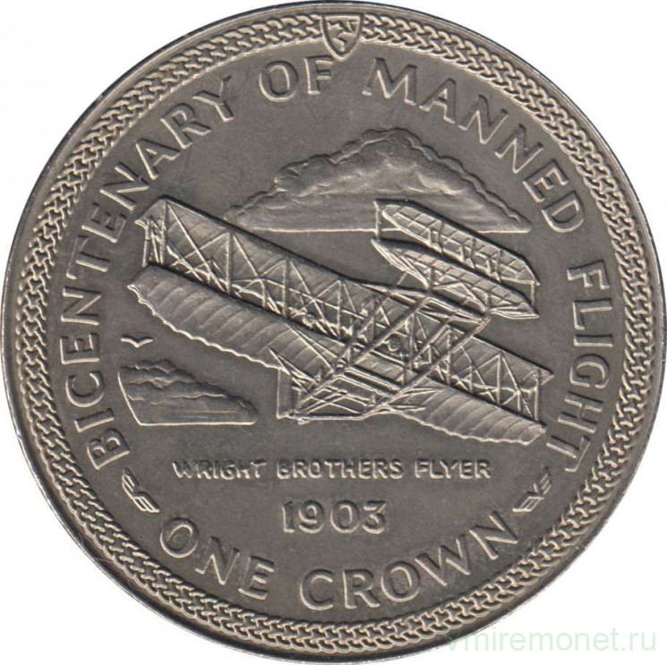 Монета. Великобритания. Остров Мэн. 1 крона 1983 год. 200 лет полёту человека. Биплан.