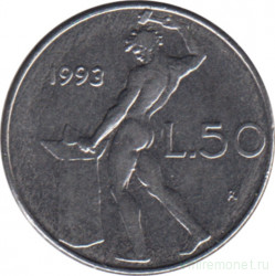 Монета. Италия. 50 лир 1993 год.