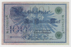 Банкнота. Германия. Германская империя (1871-1918). 100 марок 1908 год. Старый тип. Номер серии (семь цифр и одна буква) - зелёный цвет.