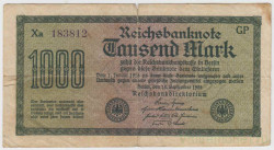 Банкнота. Германия. Веймарская республика. 1000 марок 1922 год. Водяной знак - четырёхлистник. Серийный номер - две буквы, шесть цифр (фиолетовые, крупные), две буквы.