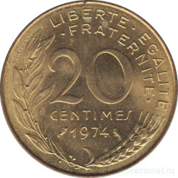 Монета. Франция. 20 сантимов 1974 год.