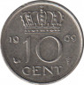 Монета. Нидерланды. 10 центов 1969 год. Петух. ав.