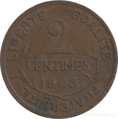 Монета. Франция. 2 сантима 1903 год.