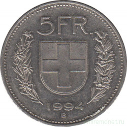 Монета. Швейцария. 5 франков 1994 год.