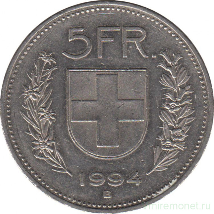 Монета. Швейцария. 5 франков 1994 год.