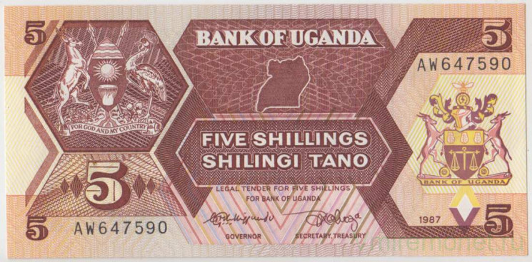 Банкнота. Уганда. 5 шиллингов 1987 год.