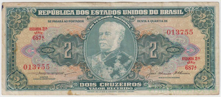 Банкнота. Бразилия. 2 крузейро 1956 год. Тип 3b.