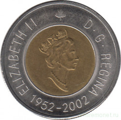 Монета. Канада. 2 доллара 2002 год. 50 лет правления королевы Елизаветы II.