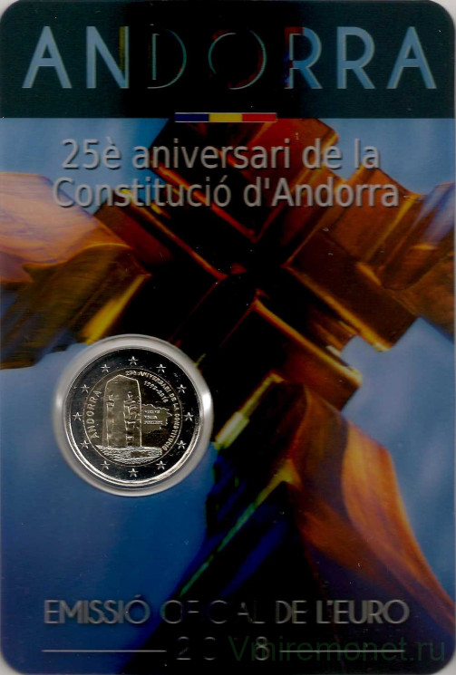 Монета. Андорра. 2 евро 2018 год. 25 лет конституции Андорры. Блистер, коинкарта.